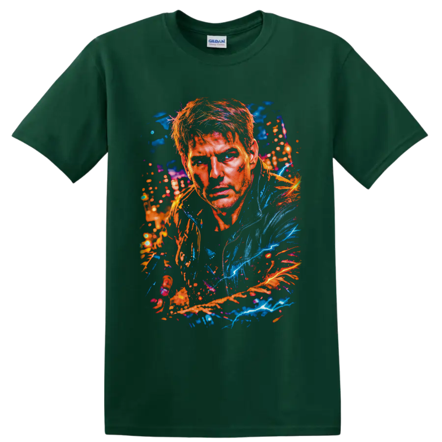 Pete Maverick Mitchell Top Gun neon splatter portrait with blue lightning on a Forest Green T Shirt