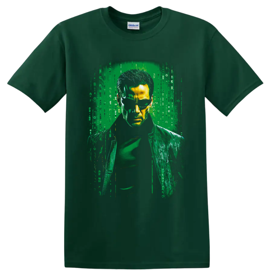 Albert Wesker Resident Evil portrait in green digital glitch horror style on a Forest Green T Shirt