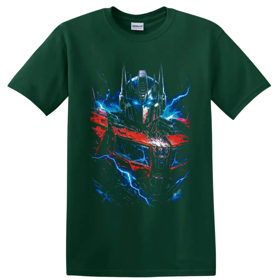 Optimus Prime robot portrait with blue lightning, red armor, and distressed sci-fi on a Forest Green T Shirt