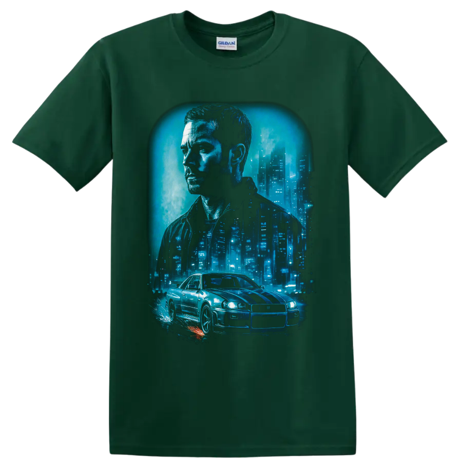 Brian O'Conner portrait and Nissan Skyline GT-R in neon blue city racing artwork on a Forest Green T Shirt