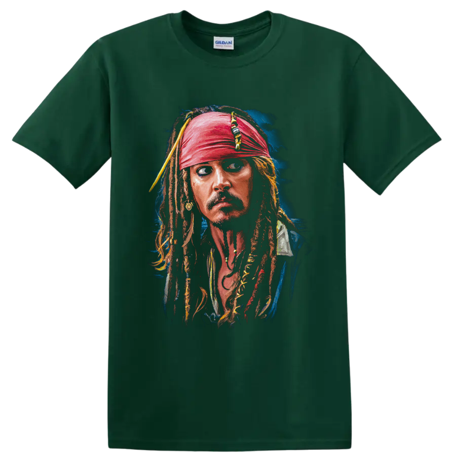Captain Jack Sparrow painterly portrait with red bandana and beaded dreadlocks on a Forest Green T Shirt