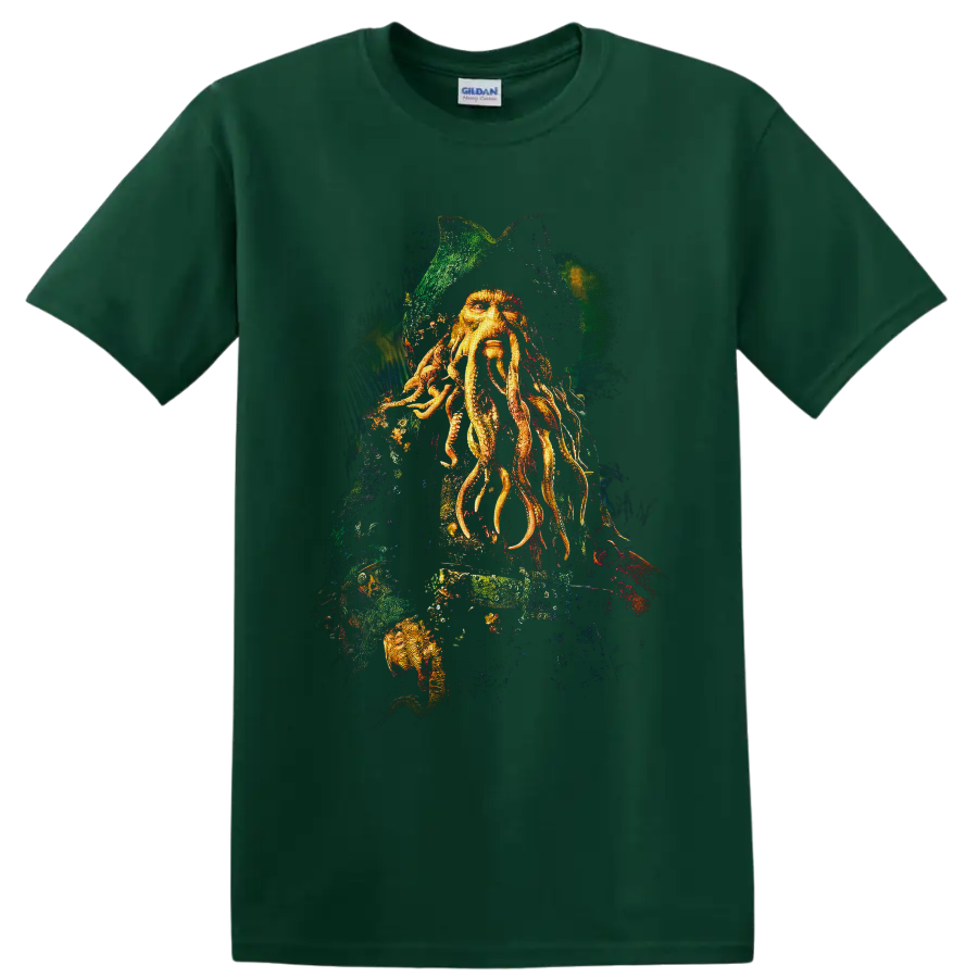 Davy Jones tentacled captain portrait in distressed nautical fantasy artwork on a Forest Green T Shirt