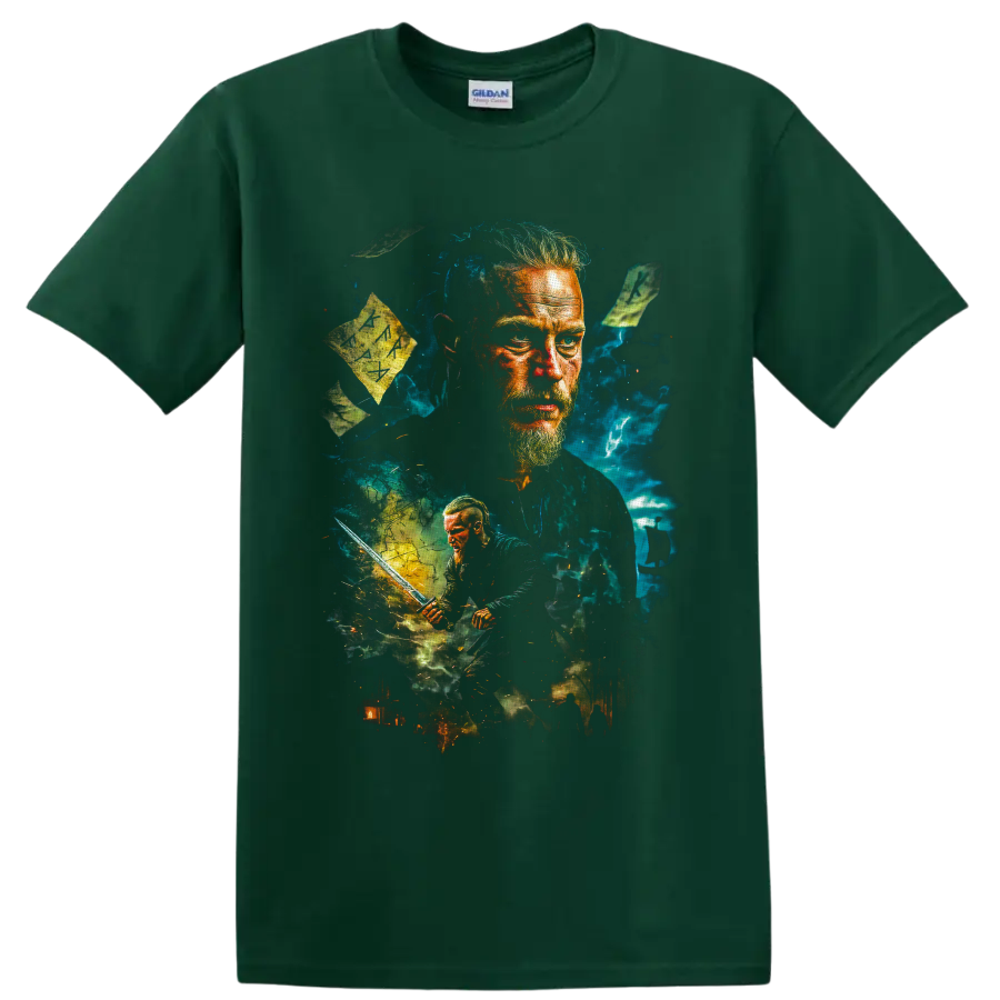 Ragnar Lothbrok Vikings warrior portrait with sword, rune stones, and teal storm art on a Forest Green T Shirt