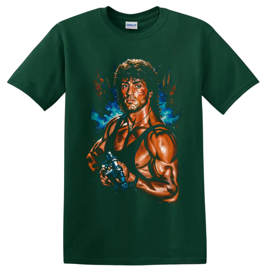 John Rambo tactical portrait with blue smoke and orange paint splatter artwork on a Forest Green T Shirt