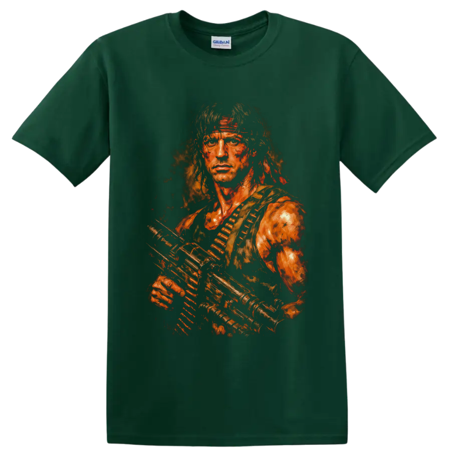 John Rambo First Blood distressed painterly portrait with rifle and ammunition belt on a Forest Green T Shirt