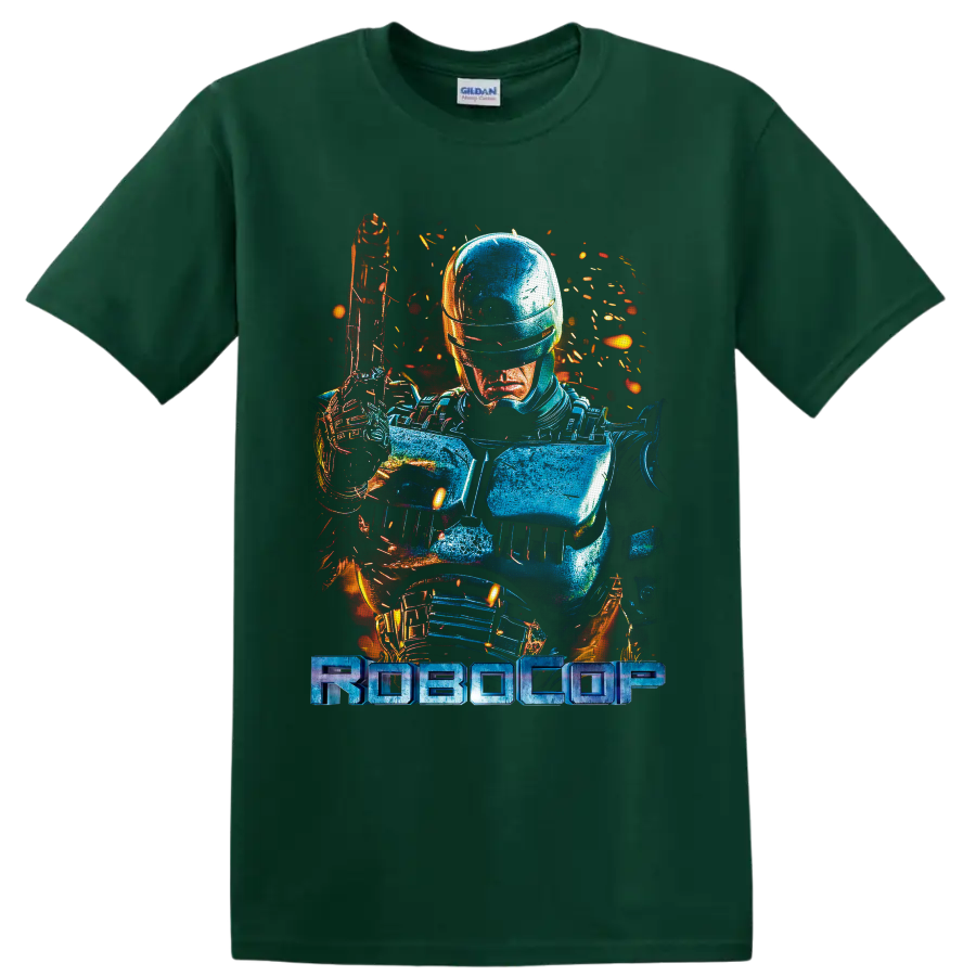 RoboCop cyborg police armor with raised sidearm, neon sparks, and RoboCop wordmark on a Forest Green T Shirt