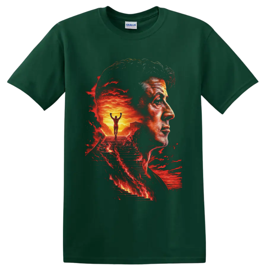 Rocky Balboa portrait with fiery Philadelphia steps and victorious boxer artwork on a Forest Green T Shirt