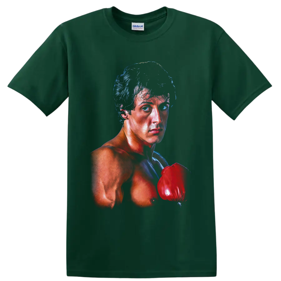 Rocky Balboa boxing portrait with a raised red glove in dramatic blue and red shading on a Forest Green T Shirt