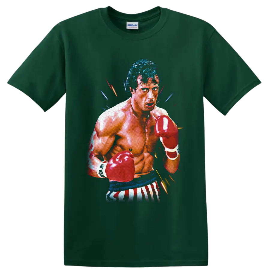 Rocky Balboa boxing portrait with red gloves, striped trunks, and colorful action streaks on a Forest Green T Shirt