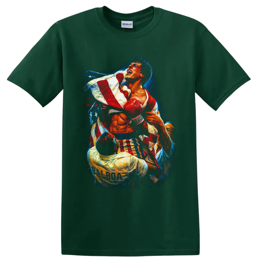 Rocky Balboa boxer in red gloves with an American flag and starry painterly backdrop on a Forest Green T Shirt