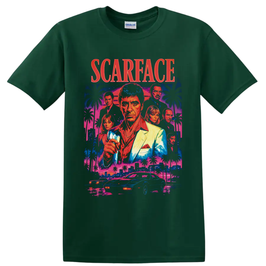 Scarface neon collage with Tony Montana, Elvira Hancock, palms, Miami skyline, and cars on a Forest Green T Shirt