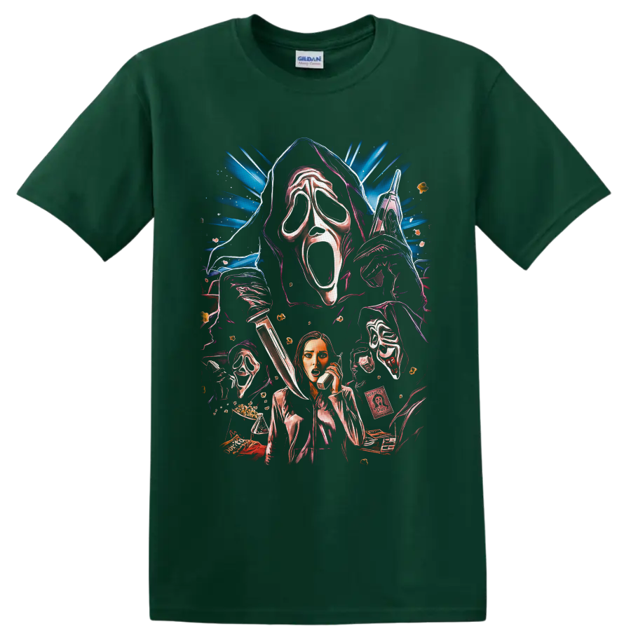 Ghostface and Sidney Prescott neon slasher collage with masks, knife, and phone on a Forest Green T Shirt