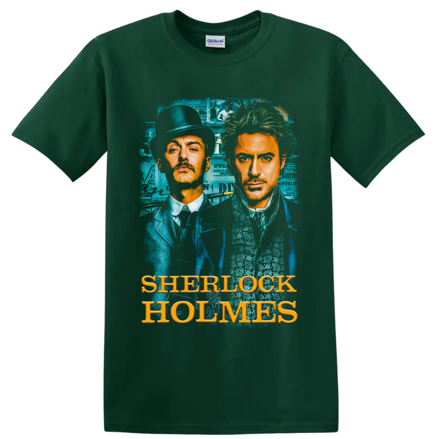 Sherlock Holmes and Dr. Watson Victorian portrait with teal collage and gold lettering on a Forest Green T Shirt