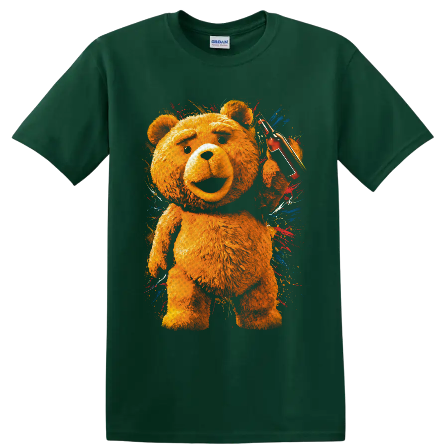 Ted bear holding red sunglasses and cup in colorful paint-splash graphic art on a Forest Green T Shirt