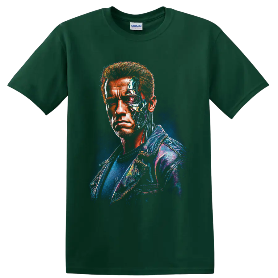 T-800 cybernetic half-human portrait with glowing red eye in neon sci-fi art on a Forest Green T Shirt
