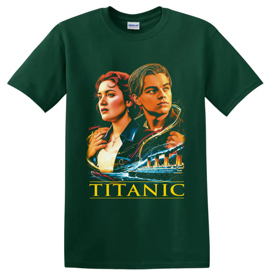 Jack and Rose Titanic portrait with ocean liner, waves, and gold TITANIC text on a Forest Green T Shirt