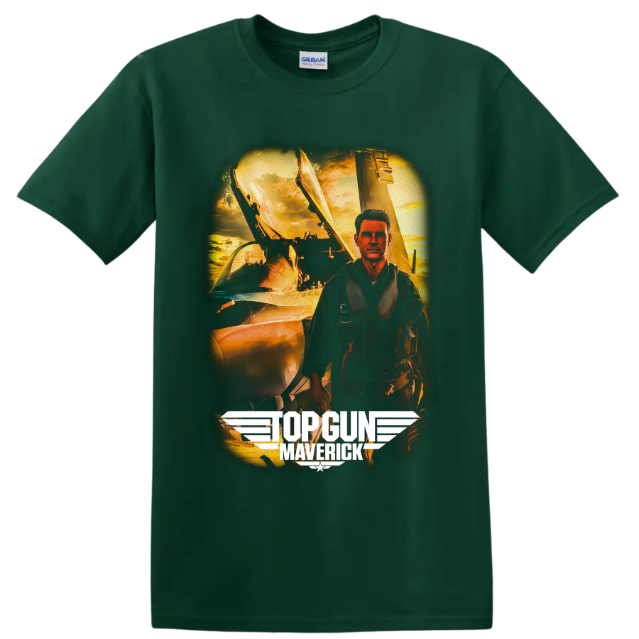 Pete Maverick Mitchell fighter pilot with jet and Top Gun Maverick sunset artwork on a Forest Green T Shirt