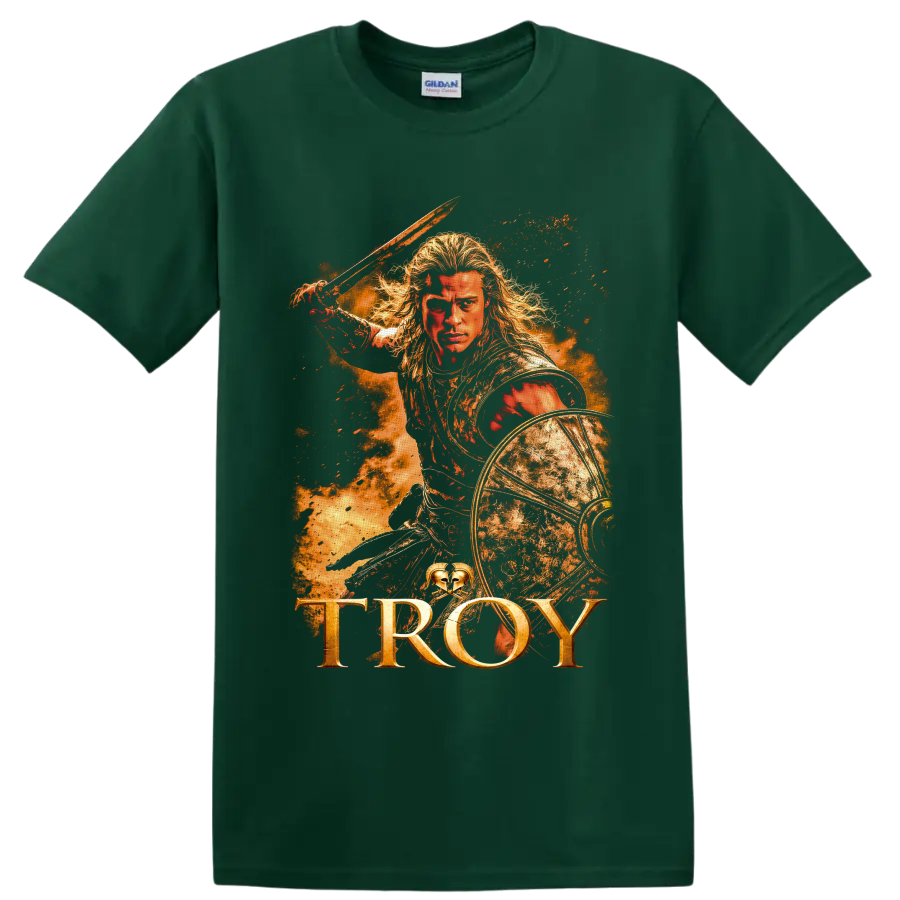 Achilles from Troy warrior with sword, round shield, fiery battle art, and TROY text on a Forest Green T Shirt