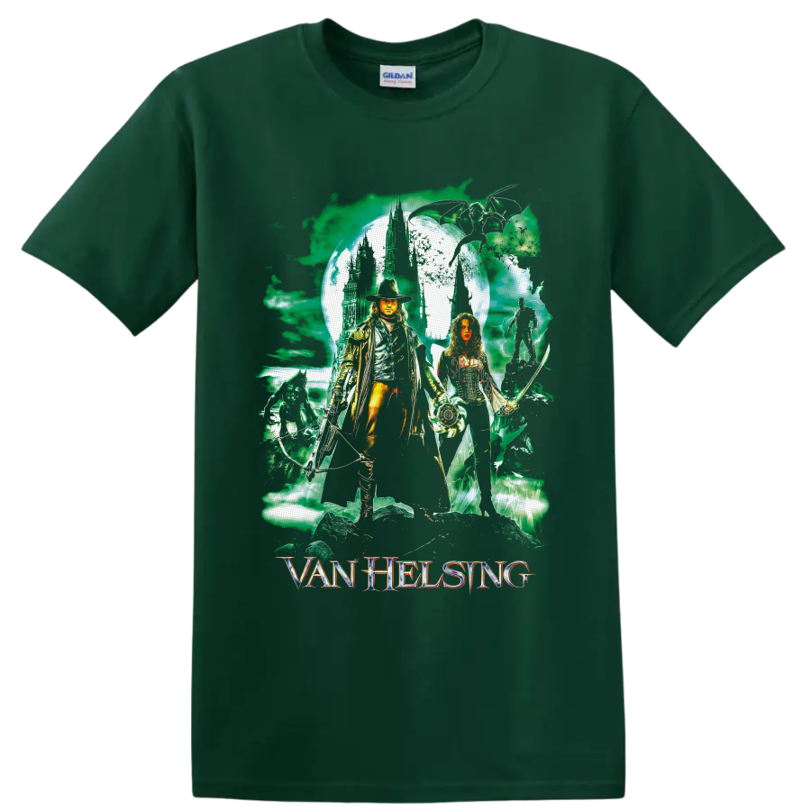 Gabriel Van Helsing and Anna Valerious gothic moonlit castle fantasy artwork on a Forest Green T Shirt