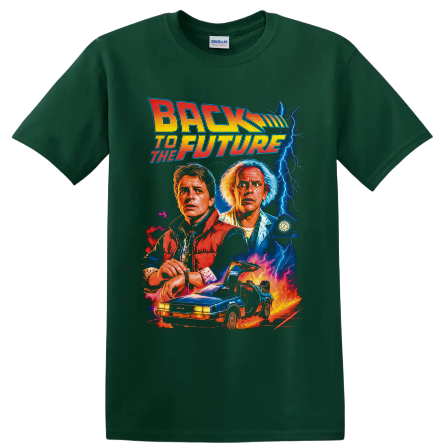 Back to the Future Marty McFly and Doc Brown lightning car graphic on a Forest Green T Shirt