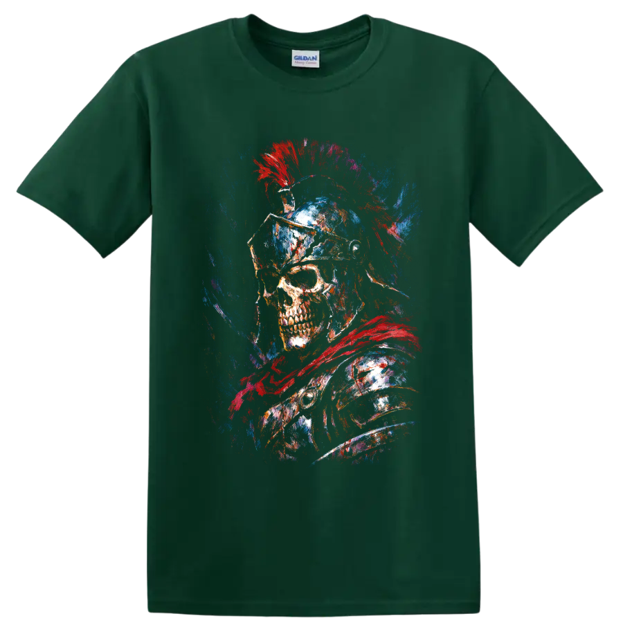 Roman gladiator skull warrior with crested helmet and red blue paint splatter art on a Forest Green T Shirt