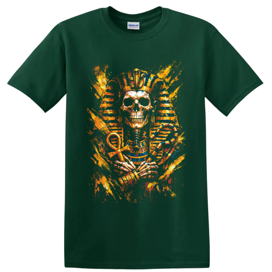 Egyptian pharaoh skull with cobra, ankh, striped headdress, and fiery painterly bursts on a Forest Green T Shirt