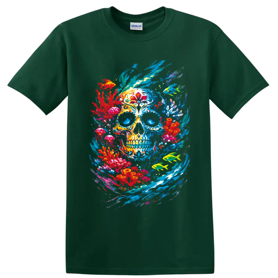 Colorful Day of the Dead-inspired skull with tropical fish, jellyfish, and ocean on a Forest Green T Shirt