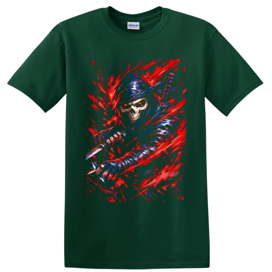 Blue-hooded skull warrior wielding a sword amid red brushstroke fantasy art on a Forest Green T Shirt