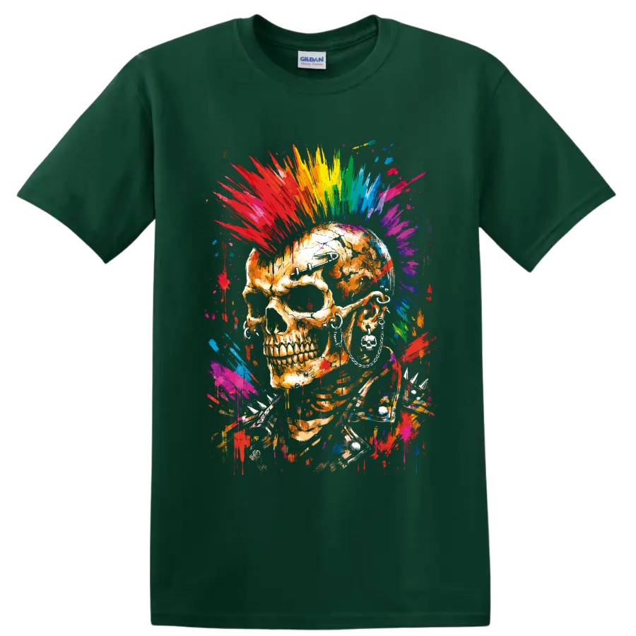 Punk rock skull with rainbow graffiti mohawk, dark eyewear, earrings, and spikes on a Forest Green T Shirt