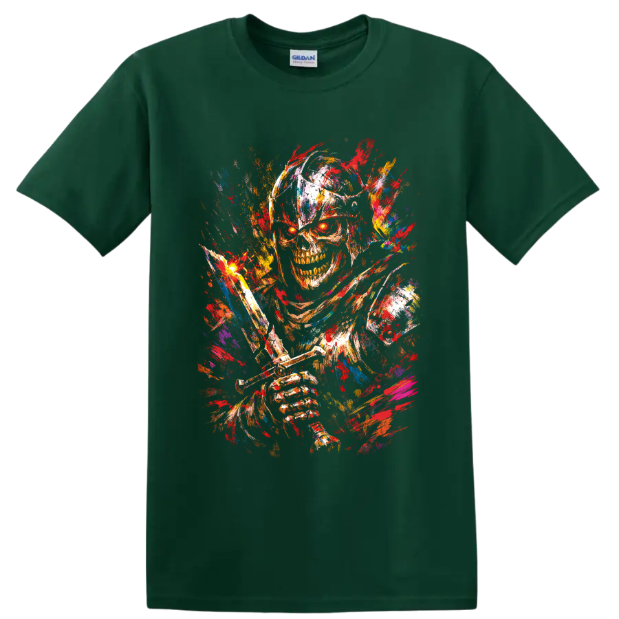 Colorful paint splatter skull and skeleton horror illustration on a Forest Green T Shirt