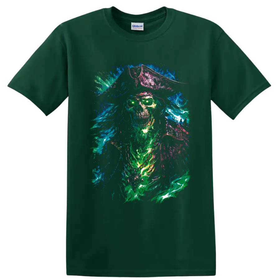 Neon undead pirate skull in a tricorn hat with glowing eyes and paint splashes on a Forest Green T Shirt