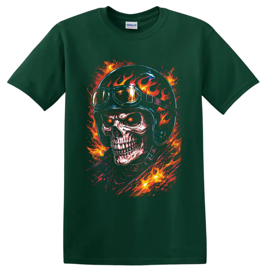 Flaming skull in motorcycle helmet and goggles with neon blue details and blazing fire on a Forest Green T Shirt