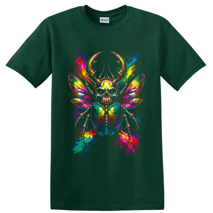 Psychedelic skull scarab beetle with rainbow wings and neon paint splatters on a Forest Green T Shirt