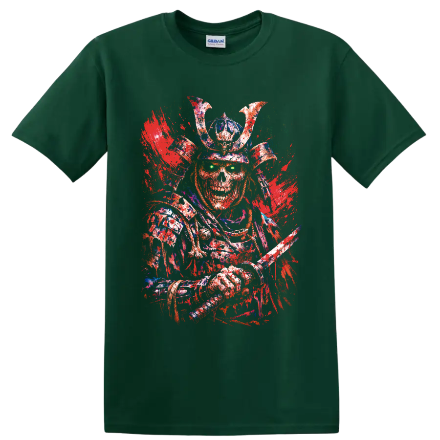 Distressed skeleton samurai warrior with horned helmet, katana, and glowing green eyes on a Forest Green T Shirt
