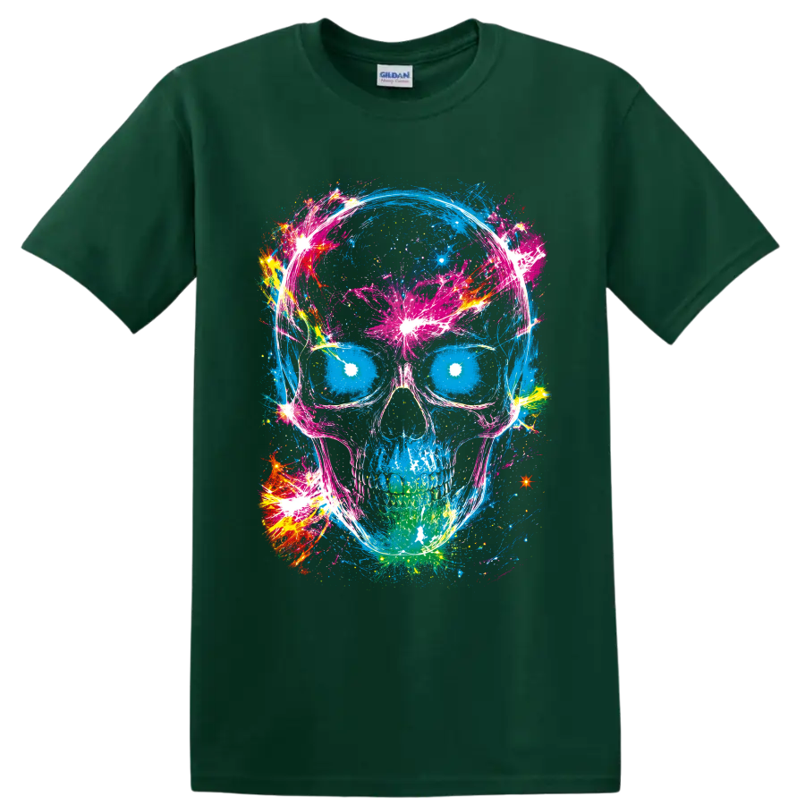 Neon blue skull with pink paint splatters, abstract brushstrokes, and bright bursts on a Forest Green T Shirt