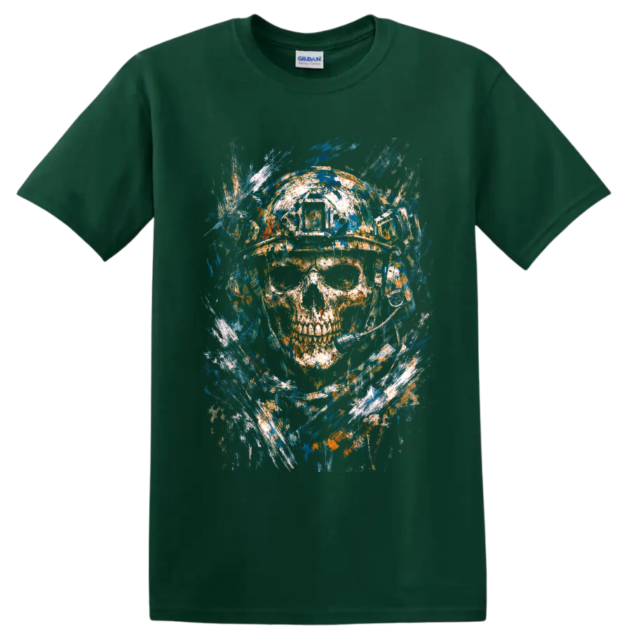 Distressed astronaut skull in a space helmet with blue and orange cosmic paint splashes on a Forest Green T Shirt
