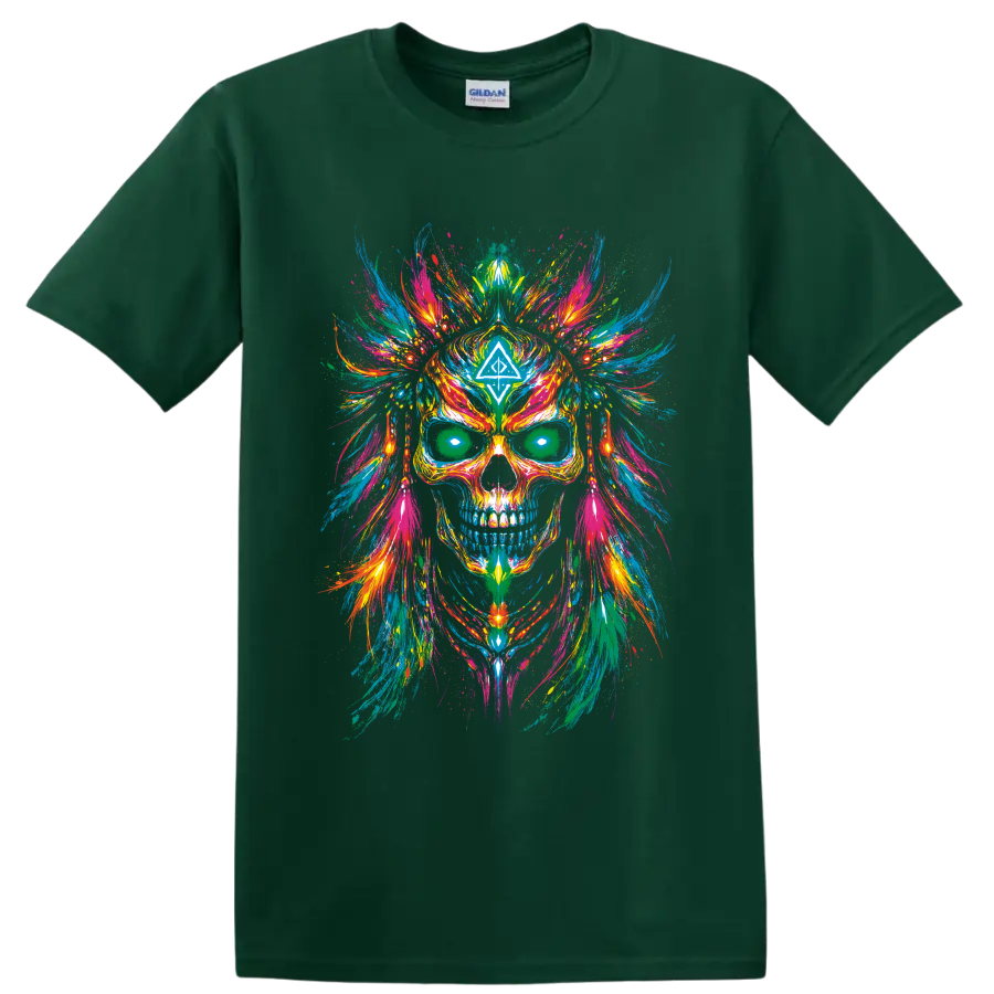 Psychedelic skull with colorful symmetrical paint splashes and geometric forehead symbol on a Forest Green T Shirt