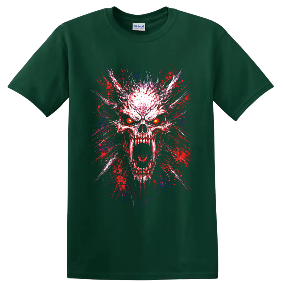 Demon skull illustration with glowing eyes and red, blue, and purple paint splatter on a Forest Green T Shirt
