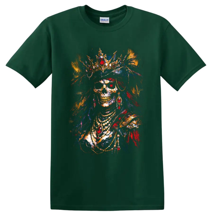 Gothic pirate queen skull portrait with jeweled crown, feathers, and necklaces on a Forest Green T Shirt