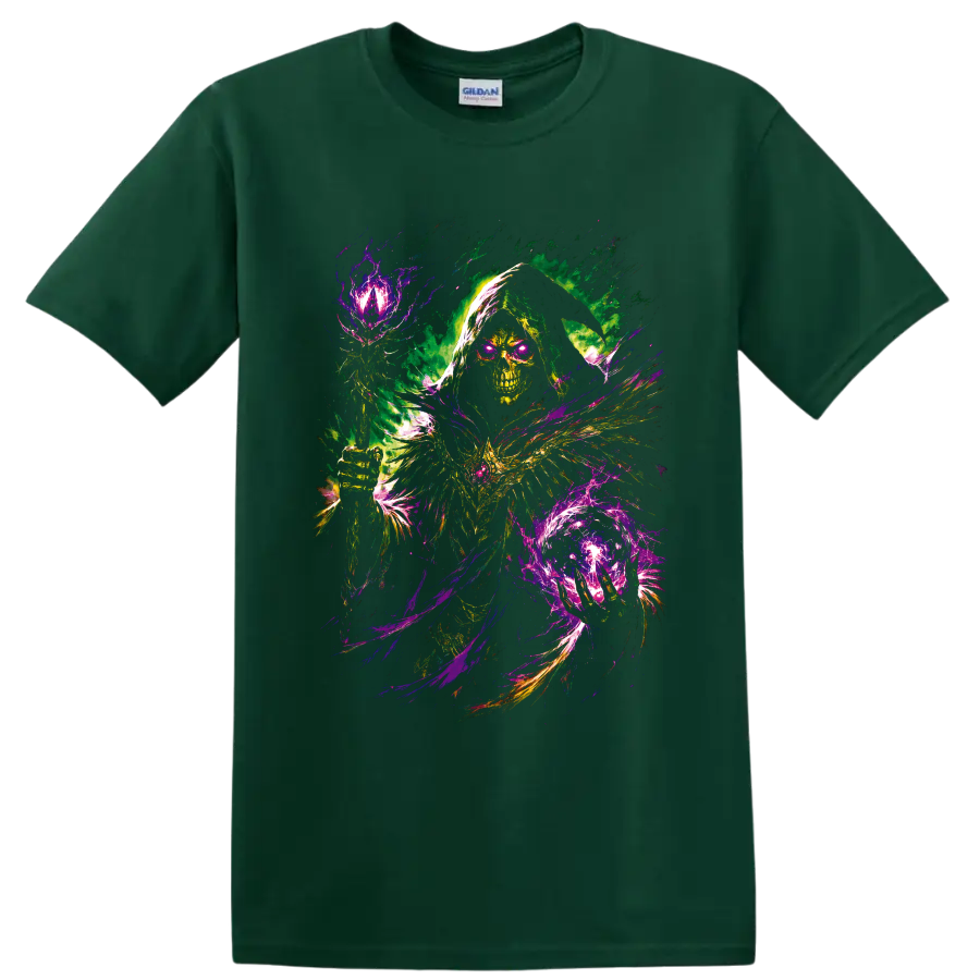 Neon Grim Reaper skull with glowing eyes and psychedelic magical energy on a Forest Green T Shirt