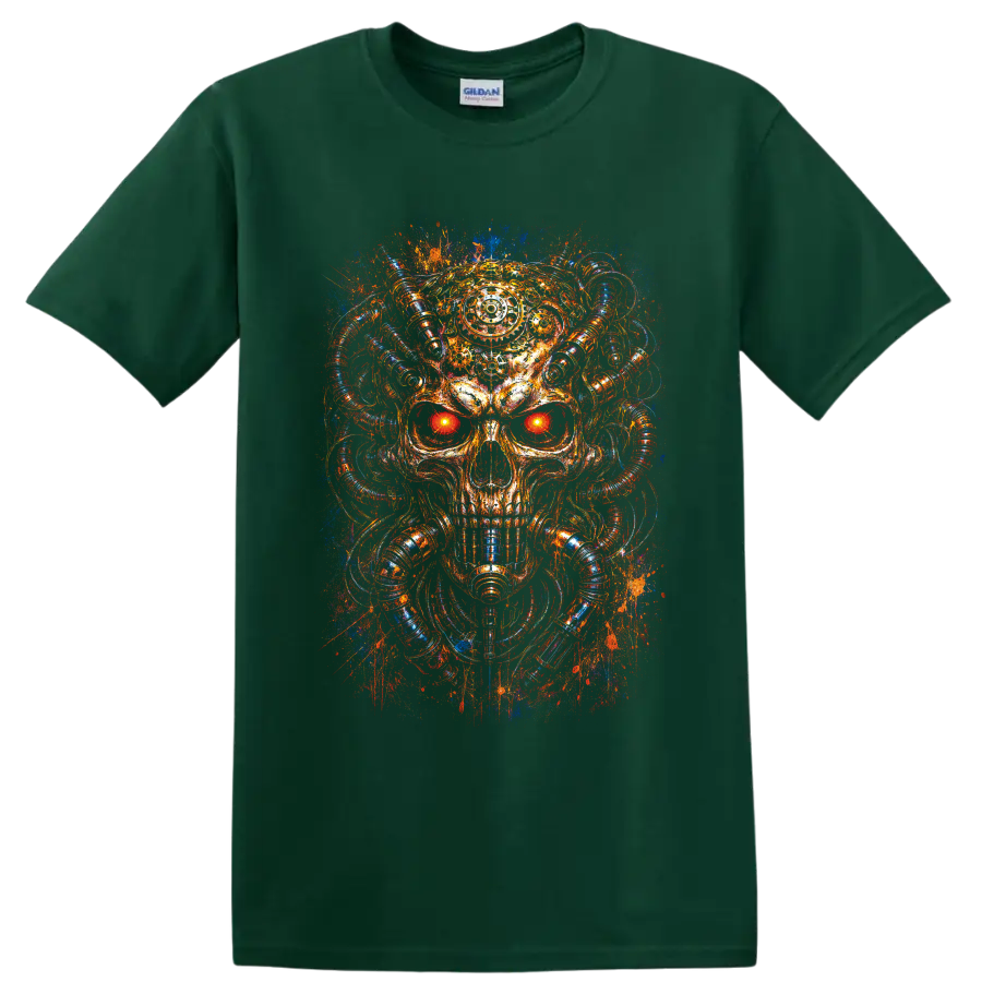 Cyberpunk mechanical skull with glowing eyes, tubes, and neon splatter art on a Forest Green T Shirt