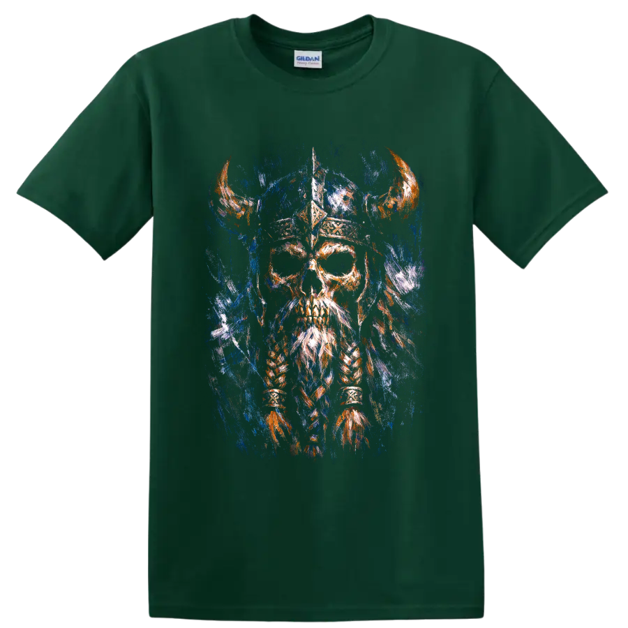 Painterly Viking-inspired skull warrior with horned helmet and braided beard on a Forest Green T Shirt