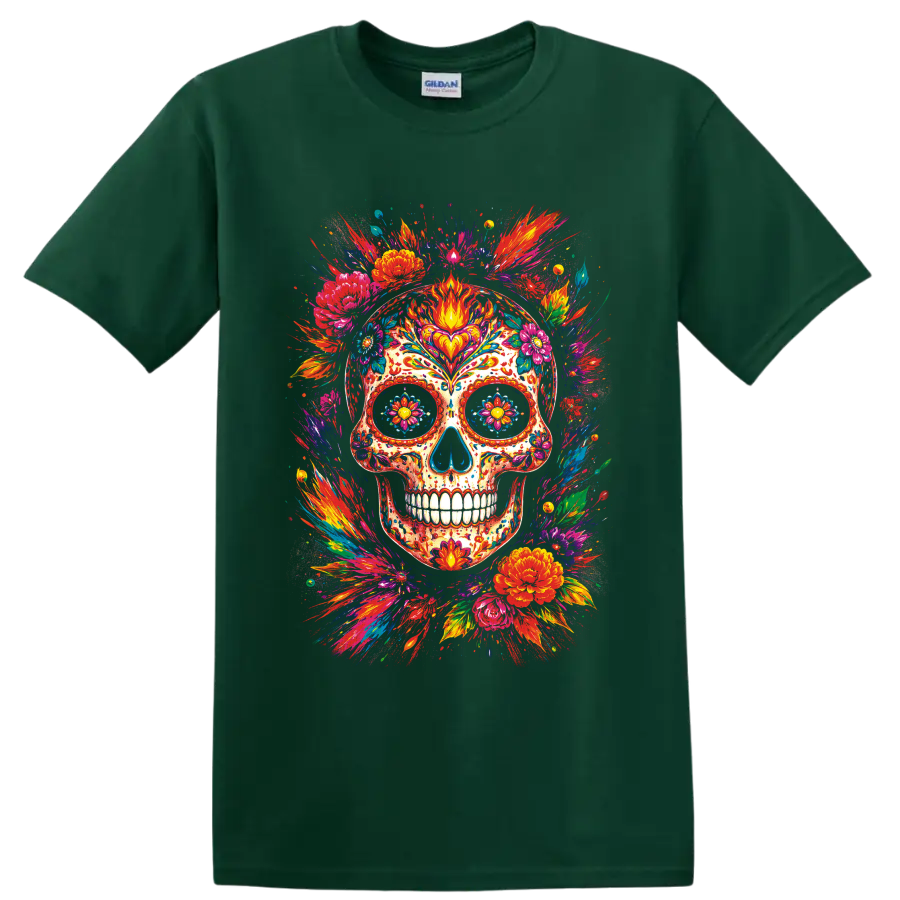 Colorful floral sugar skull illustration with vivid paint splashes and blossoms on a Forest Green T Shirt