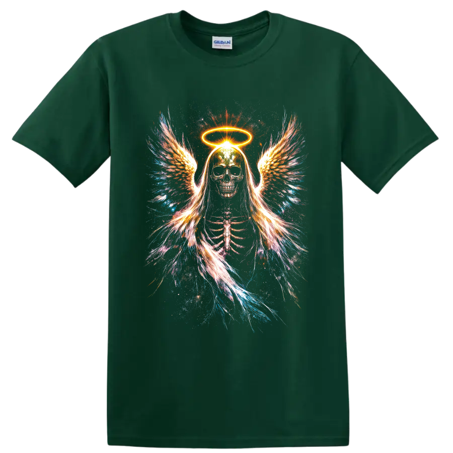 Neon angel skeleton with glowing halo, feathered wings, and splatter art on a Forest Green T Shirt