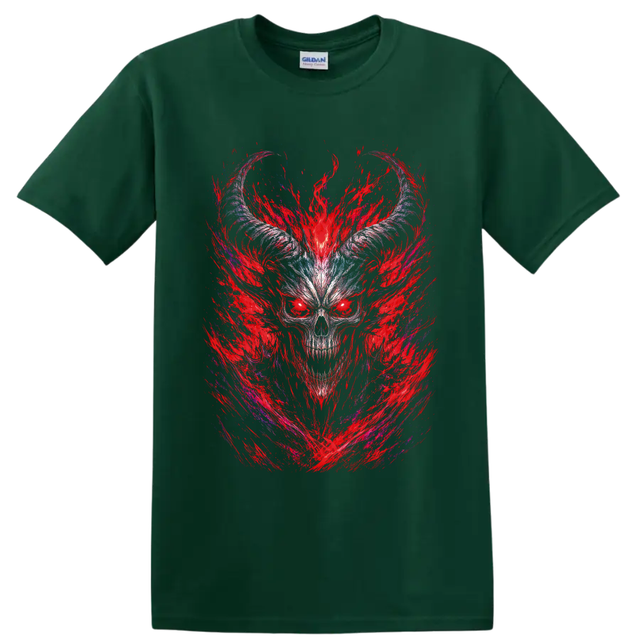 Horned demonic skull with crimson flame strokes and icy blue gothic linework on a Forest Green T Shirt