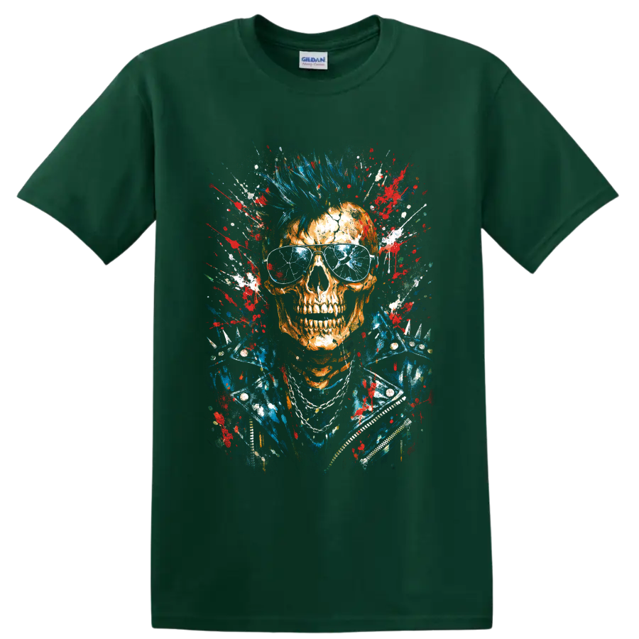 Punk skull with blue mohawk, aviator sunglasses, studded jacket, and paint splatter on a Forest Green T Shirt