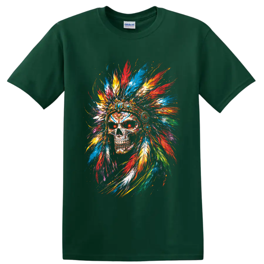 Colorful skull with jeweled feather headdress in vivid painterly splatter art on a Forest Green T Shirt