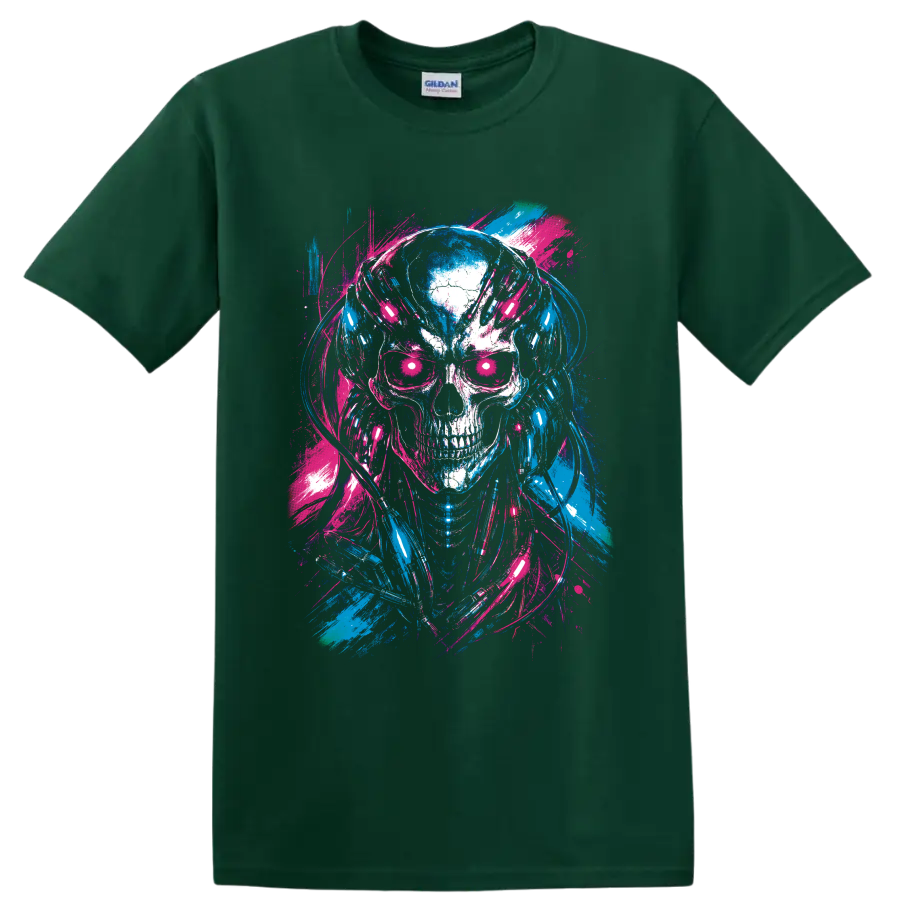 Neon cyberpunk skull wearing headphones in blue and pink distressed paint-splash art on a Forest Green T Shirt