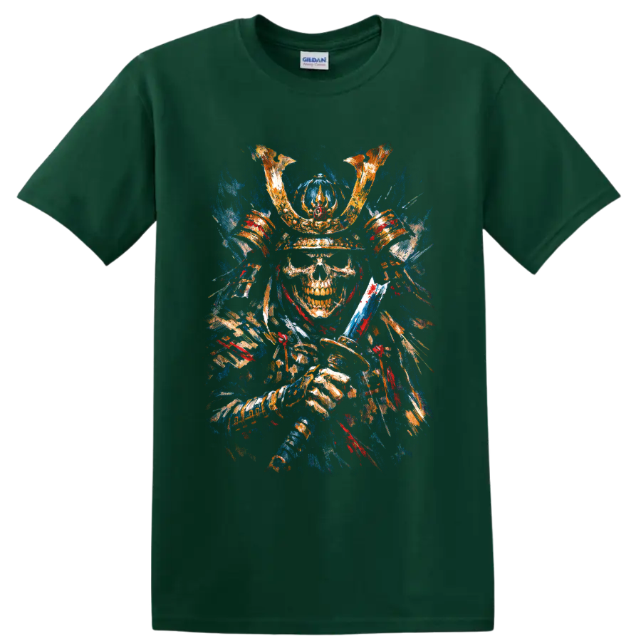Painterly samurai skeleton in horned armor holding a katana on a Forest Green T Shirt