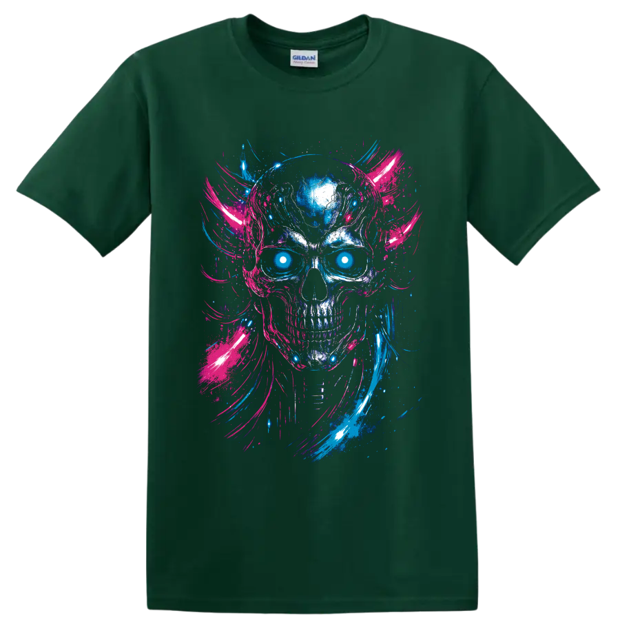 Neon cyberpunk skull with glowing cyan eyes and blue pink paint brushstrokes on a Forest Green T Shirt